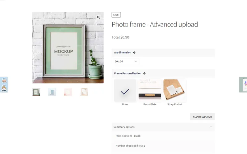 Photo frame product page with art dimension, frame personalisation choices and an options summary
