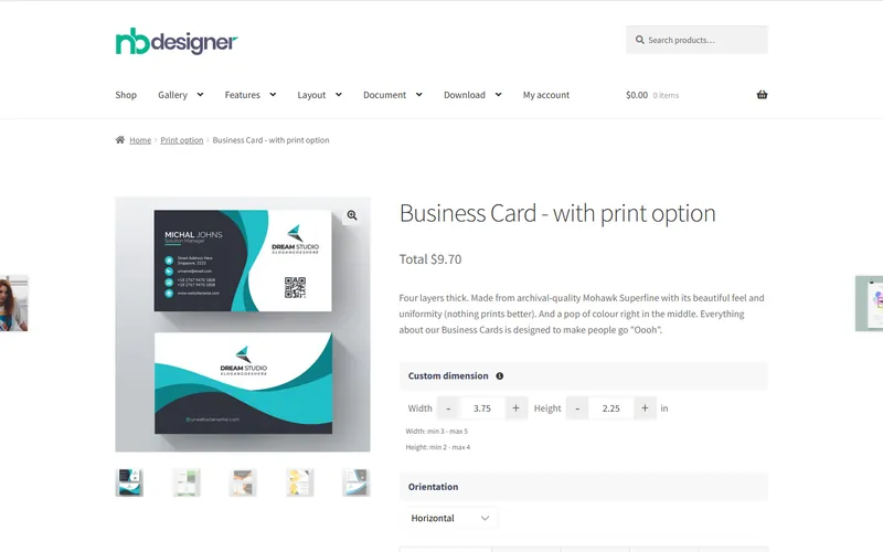 Business card product page with custom dimension fields, orientation selector and a live total