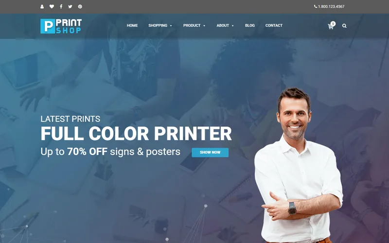 Print Shop Store home page with a full colour printer hero and shop navigation
